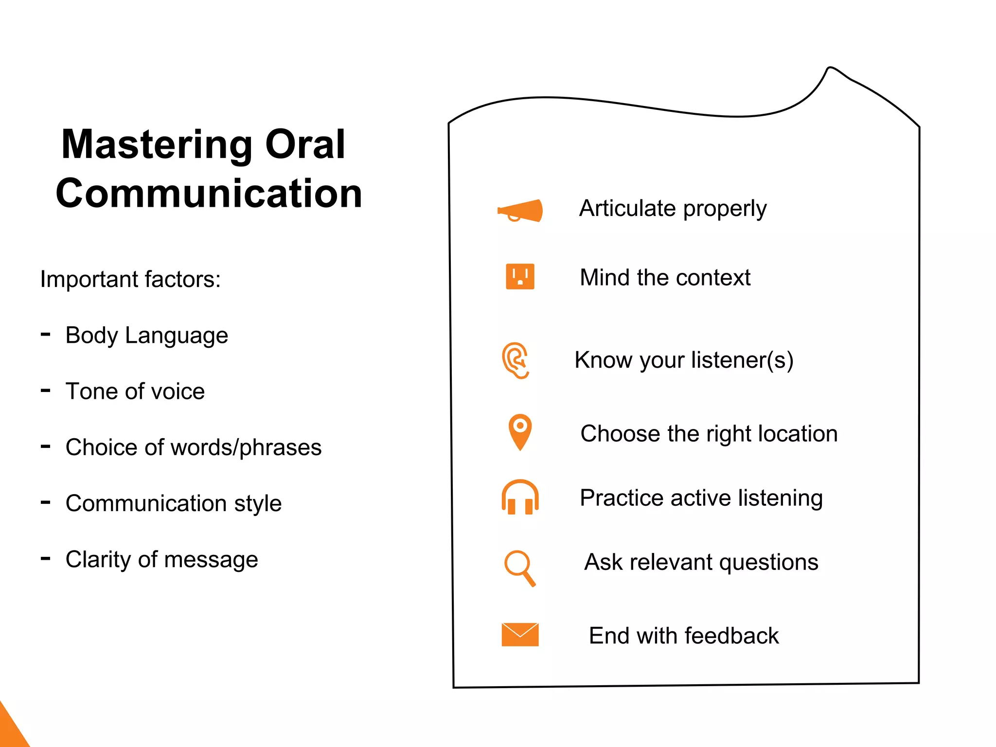 Practice active listening
Articulate properly
Know your listener(s)
Mind the context
End with feedback
Choose the right location
Ask relevant questions
Mastering Oral
Communication
Important factors:
- Body Language
- Tone of voice
- Choice of words/phrases
- Communication style
- Clarity of message
 