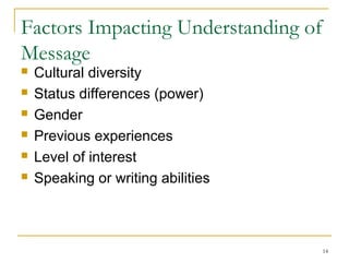 Factors Impacting Understanding of
Message
 Cultural diversity
 Status differences (power)
 Gender
 Previous experiences
 Level of interest
 Speaking or writing abilities
14
 