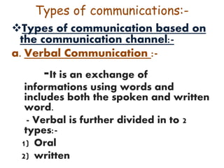 Types of communications:-
Types of communication based on
the communication channel:-
a. Verbal Communication :-
-It is an exchange of
informations using words and
includes both the spoken and written
word.
- Verbal is further divided in to 2
types:-
1) Oral
2) written
 