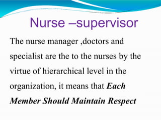The nurse manager ,doctors and
specialist are the to the nurses by the
virtue of hierarchical level in the
organization, it means that Each
Member Should Maintain Respect
Nurse –supervisor
 