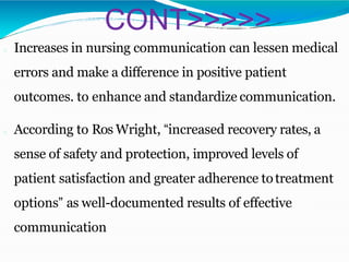 CONT>>>>>
Increases in nursing communication can lessen medical
errors and make a difference in positive patient
outcomes. to enhance and standardize communication.
According to Ros Wright, “increased recovery rates, a
sense of safety and protection, improved levels of
patient satisfaction and greater adherence totreatment
options” as well-documented results of effective
communication
 