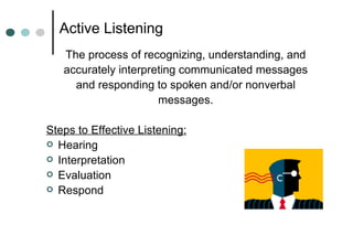 Active Listening
The process of recognizing, understanding, and
accurately interpreting communicated messages
and responding to spoken and/or nonverbal
messages.
Steps to Effective Listening:
 Hearing
 Interpretation
 Evaluation
 Respond
 