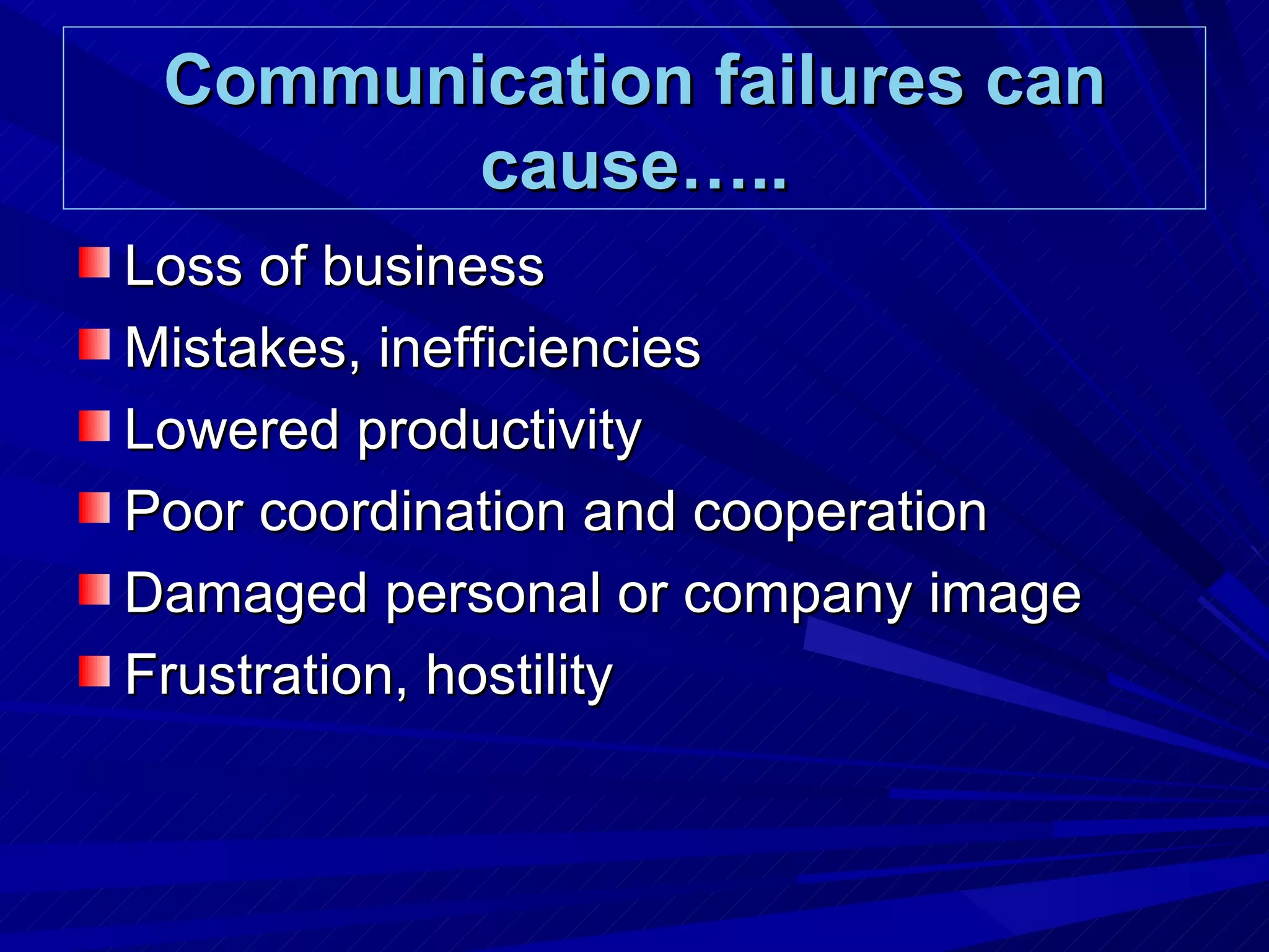 Communication failures can cause….. Loss of business Mistakes, inefficiencies Lowered productivity Poor coordination and cooperation Damaged personal or company image Frustration, hostility 