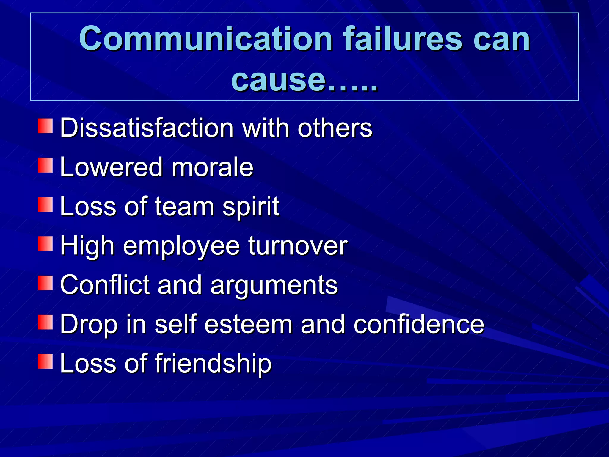 Communication failures can cause….. Dissatisfaction with others Lowered morale Loss of team spirit High employee turnover Conflict and arguments Drop in self esteem and confidence Loss of friendship 