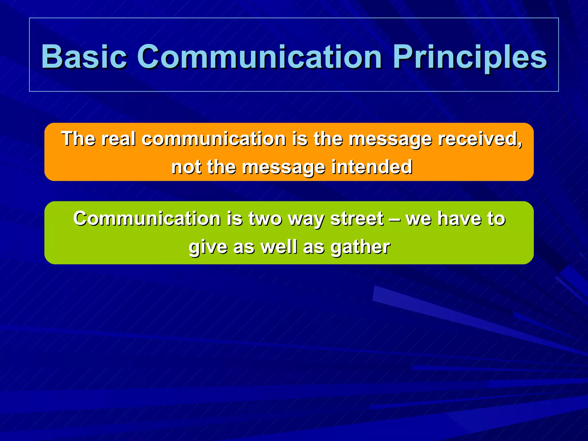 Basic Communication Principles The real communication is the message received, not the message intended Communication is two way street – we have to give as well as gather 