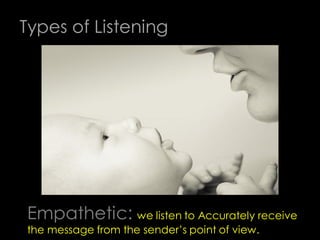 Types of Listening




Empathetic: we listen to Accurately receive
the message from the sender’s point of view.
 