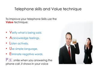 Telephone skills and Value technique

To Improve your telephone Skills use the
Value technique:


•   Verify what is being said.
•   Acknowledge feelings.
•   Listen actively.
•   Use simple language.
•   Eliminate negative words.
P.s: smile when you answering the
phone call ,it shows in your voice
 