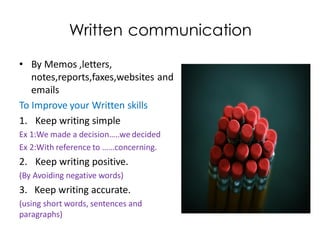 Written communication
• By Memos ,letters,
   notes,reports,faxes,websites and
   emails
To Improve your Written skills
1. Keep writing simple
Ex 1:We made a decision…..we decided
Ex 2:With reference to ……concerning.
2. Keep writing positive.
(By Avoiding negative words)
3. Keep writing accurate.
(using short words, sentences and
paragraphs)
 