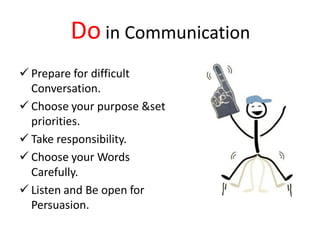 Do in Communication
 Prepare for difficult
  Conversation.
 Choose your purpose &set
  priorities.
 Take responsibility.
 Choose your Words
  Carefully.
 Listen and Be open for
  Persuasion.
 