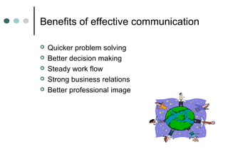 Benefits of effective communication
 Quicker problem solving
 Better decision making
 Steady work flow
 Strong business relations
 Better professional image
 