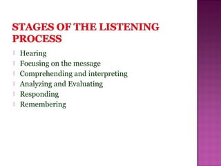  Hearing
 Focusing on the message
 Comprehending and interpreting
 Analyzing and Evaluating
 Responding
 Remembering
 