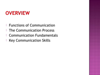  Functions of Communication
 The Communication Process
 Communication Fundamentals
 Key Communication Skills
 