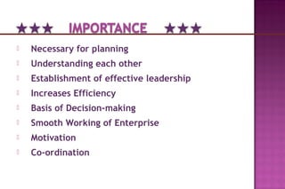  Necessary for planning
 Understanding each other
 Establishment of effective leadership
 Increases Efficiency
 Basis of Decision-making
 Smooth Working of Enterprise
 Motivation
 Co-ordination
 