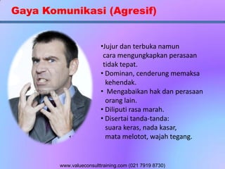 Gaya Komunikasi (Agresif)
•Jujur dan terbuka namun
cara mengungkapkan perasaan
tidak tepat.
• Dominan, cenderung memaksa
kehendak.
• Mengabaikan hak dan perasaan
orang lain.
• Diliputi rasa marah.
• Disertai tanda-tanda:
suara keras, nada kasar,
mata melotot, wajah tegang.
www.valueconsulttraining.com (021 7919 8730)
 