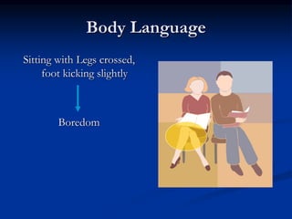 Body Language
Sitting with Legs crossed,
foot kicking slightly
Boredom
 