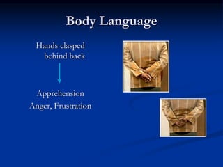 Body Language
Hands clasped
behind back
Apprehension
Anger, Frustration
 