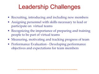 Leadership Challenges
• Recruiting, introducing and including new members
• Assigning personnel with skills necessary to lead or
  participate on virtual teams
• Recognizing the importance of preparing and training
  people to be part of virtual teams
• Measuring, motivating and tracking progress of team
• Performance Evaluation - Developing performance
  objectives and expectations for team members
 