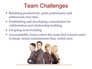 Team Challenges
• Retaining productivity, peak performance and
  enthusiasm over time
• Establishing and developing a foundation for
  collaboration and relationship building
• On-going team building
• Accountability issues where the team find it much easier
  to break virtual commitments than verbal ones
 