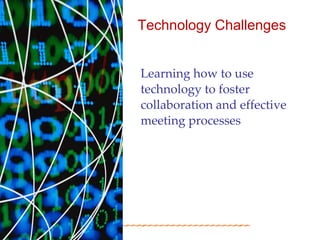 Technology Challenges


Learning how to use
technology to foster
collaboration and effective
meeting processes
 