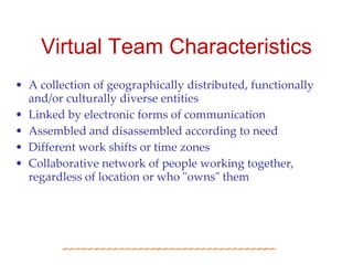 Virtual Team Characteristics
• A collection of geographically distributed, functionally
  and/or culturally diverse entities
• Linked by electronic forms of communication
• Assembled and disassembled according to need
• Different work shifts or time zones
• Collaborative network of people working together,
  regardless of location or who "owns" them
 