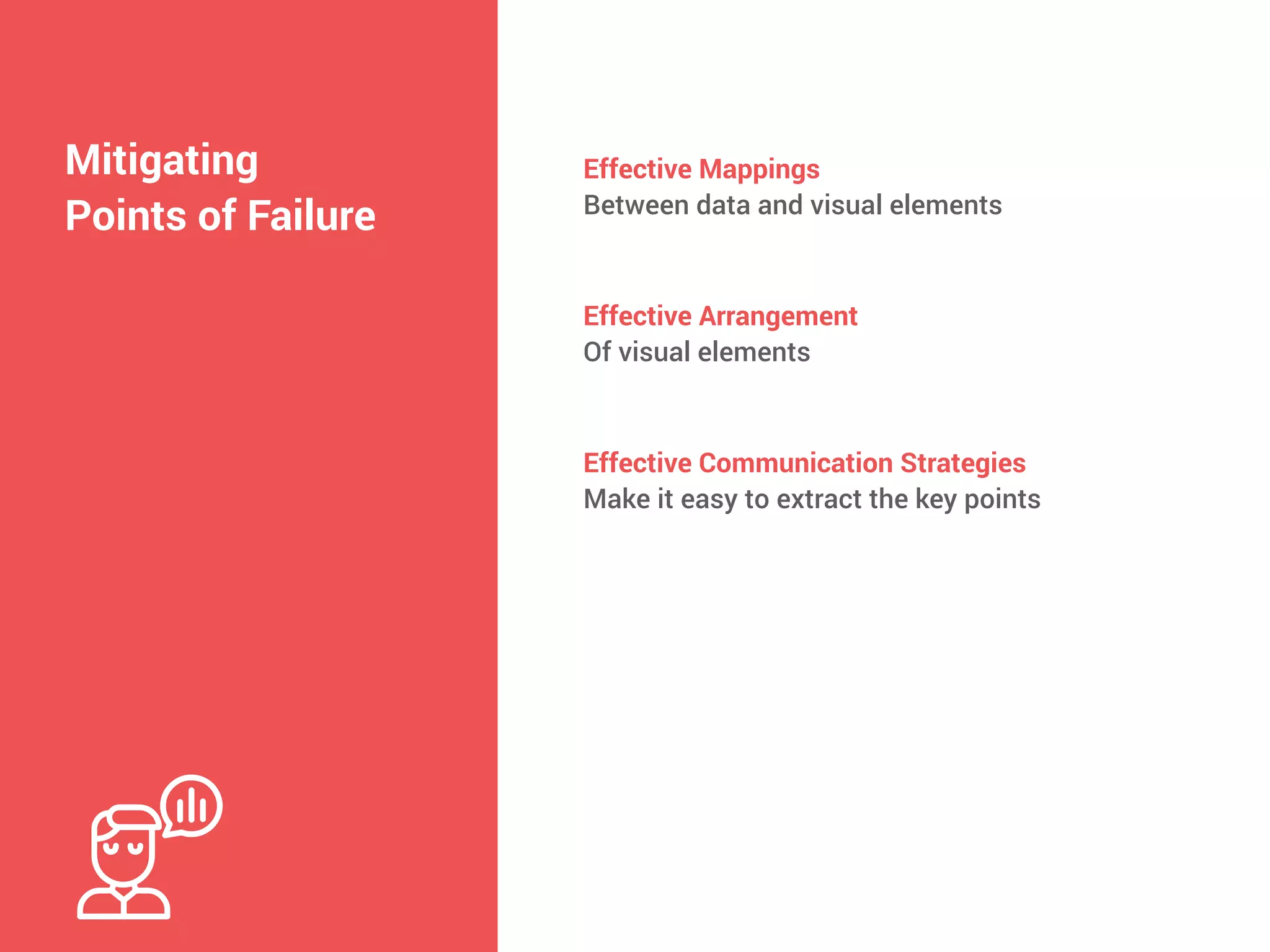 Mitigating
Points of Failure
Effective Mappings


Between data and visual elements
Effective Arrangement


Of visual elements
Effective Communication Strategies


Make it easy to extract the key points
 