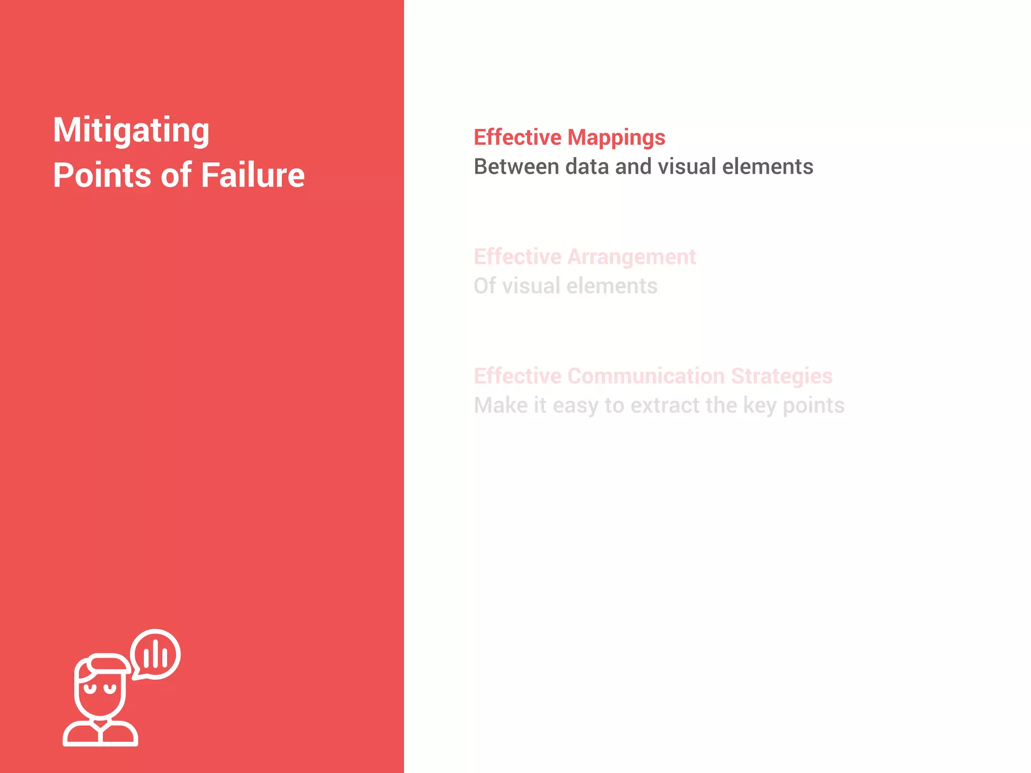 Mitigating
Points of Failure
Effective Mappings


Between data and visual elements
Effective Arrangement
 