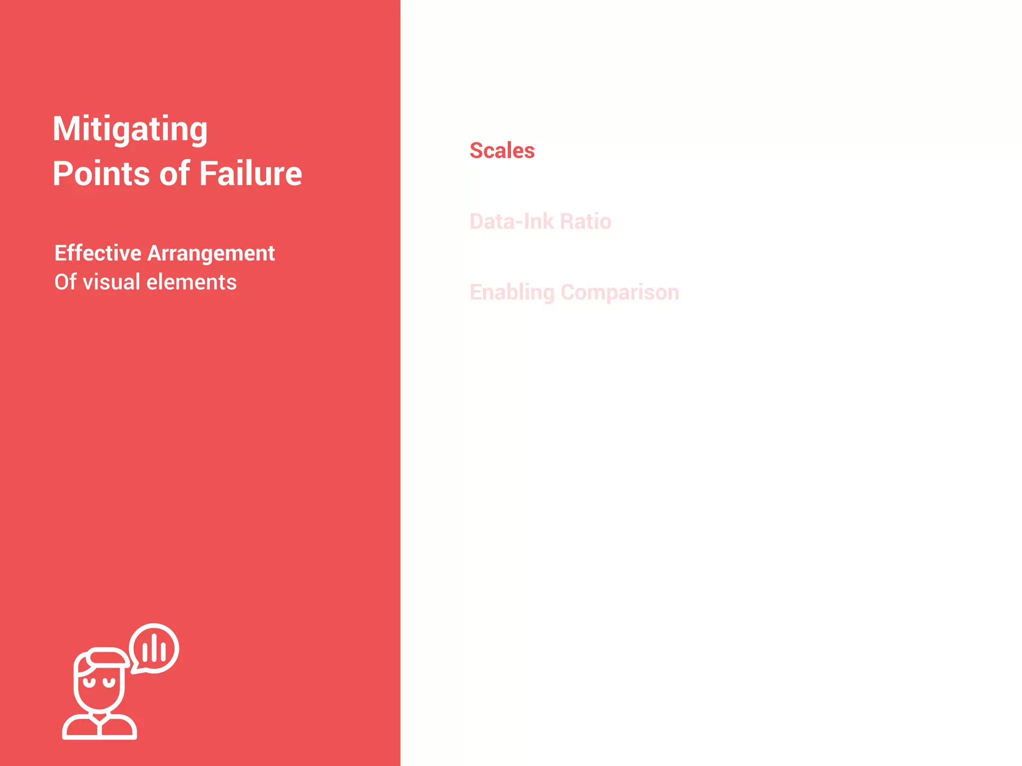 Mitigating
Points of Failure
Scales
Effective Arrangement


Of visual elements
Data-Ink Ratio
Enabling Comparison
 