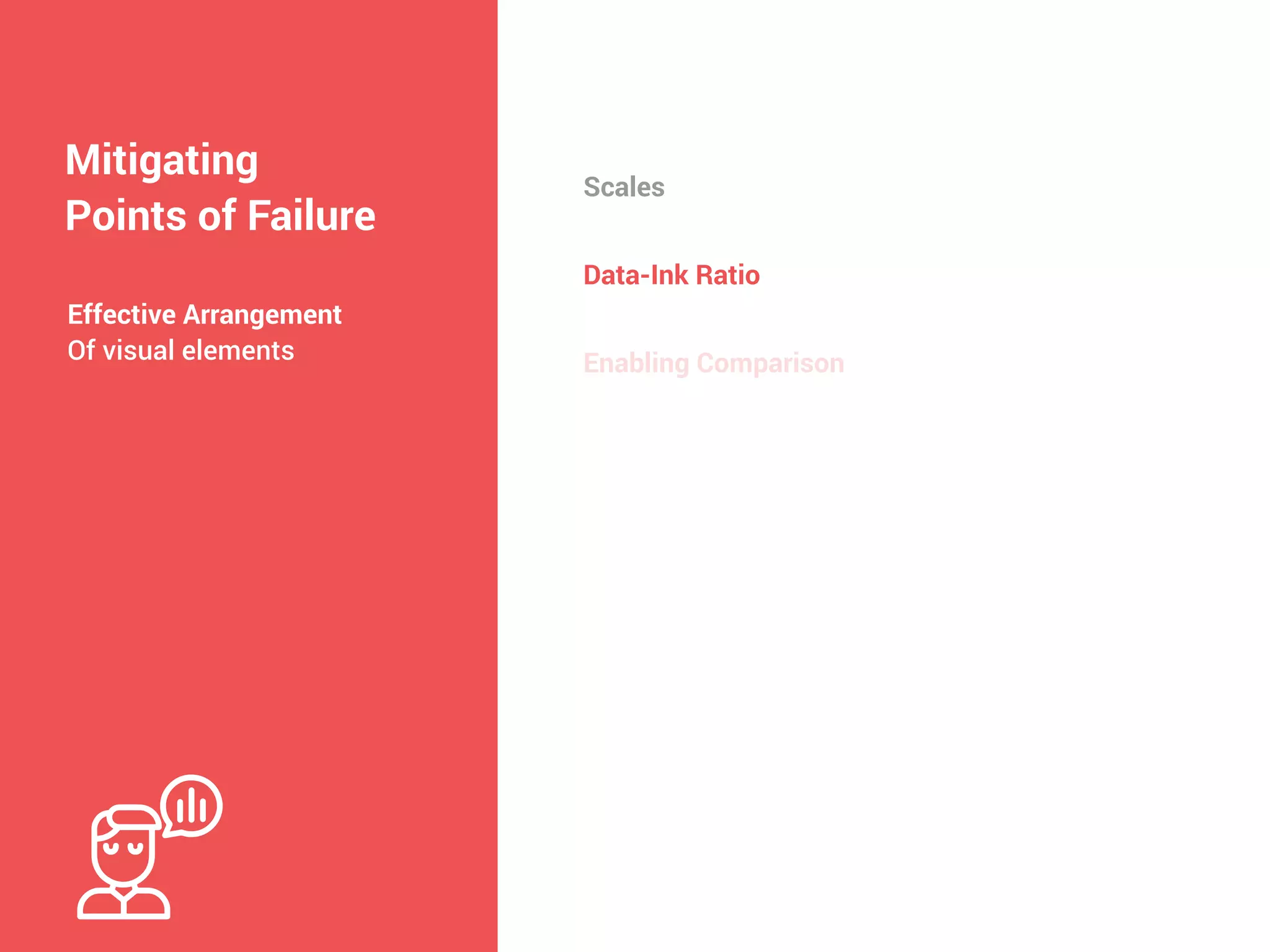 Mitigating
Points of Failure
Scales
Effective Arrangement


Of visual elements
Data-Ink Ratio
Enabling Comparison
 