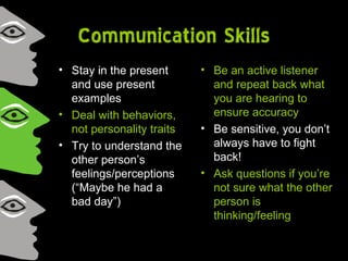 Communication Skills
• Stay in the present
and use present
examples
• Deal with behaviors,
not personality traits
• Try to understand the
other person’s
feelings/perceptions
(“Maybe he had a
bad day”)
• Be an active listener
and repeat back what
you are hearing to
ensure accuracy
• Be sensitive, you don’t
always have to fight
back!
• Ask questions if you’re
not sure what the other
person is
thinking/feeling
 