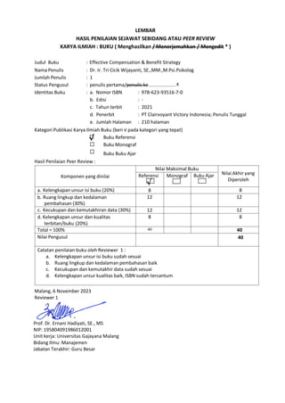 LEMBAR
HASIL PENILAIAN SEJAWAT SEBIDANG ATAU PEER REVIEW
KARYA ILMIAH : BUKU ( Menghasilkan / Menerjemahkan / Mengedit * )
Judul Buku : Effective Compensation & Benefit Strategy
Nama Penulis : Dr. Ir. Tri Cicik Wijayanti, SE.,MM.,M.Psi.Psikolog
Jumlah Penulis : 1
Status Pengusul : penulis pertama/penulis ke.................... *
Identitas Buku : a. Nomor ISBN : 978-623-93516-7-0
b. Edisi : -
c. Tahun terbit : 2021
d. Penerbit : PT Clairvoyant Victory Indonesia; Penulis Tunggal
e. Jumlah Halaman : 210 halaman
Kategori Publikasi Karya Ilmiah Buku (beri √ pada kategori yang tepat)
Buku Referensi
Buku Monograf
Buku Buku Ajar
Hasil Penilaian Peer Review :
Komponen yang dinilai
Nilai Maksimal Buku
Nilai Akhir yang
Diperoleh
Referensi Monograf Buku Ajar
a. Kelengkapan unsur isi buku (20%) 8 8
b. Ruang lingkup dan kedalaman
pembahasan (30%)
12 12
c. Kecukupan dan kemutakhiran data (30%) 12 12
d. Kelengkapan unsur dan kualitas
terbitan/buku (20%)
8 8
Total = 100% 40 40
Nilai Pengusul 40
Catatan penilaian buku oleh Reviewer 1 :
a. Kelengkapan unsur isi buku sudah sesuai
b. Ruang lingkup dan kedalaman pembahasan baik
c. Kecukupan dan kemutakhir data sudah sesuai
d. Kelengkapan unsur kualitas baik, ISBN sudah tercantum
Malang, 6 November 2023
Reviewer 1
Prof. Dr. Ernani Hadiyati, SE., MS
NIP: 195804091986012001
Unit kerja: Universitas Gajayana Malang
Bidang Ilmu: Manajemen
Jabatan Terakhir: Guru Besar
√
√
 