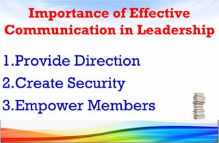 Importance of Effective
Communication in Leadership
1.Provide Direction
2.Create Security
3.Empower Members
 