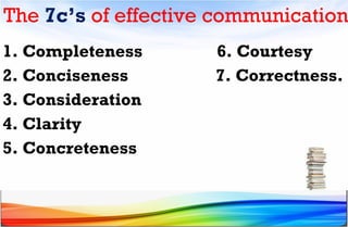 The 7c’s of effective communication
1. Completeness 6. Courtesy
2. Conciseness 7. Correctness.
3. Consideration
4. Clarity
5. Concreteness
 