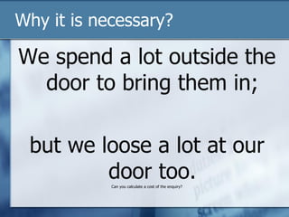 Why it is necessary?
We spend a lot outside the
door to bring them in;
but we loose a lot at our
door too.Can you calculate a cost of the enquiry?
 