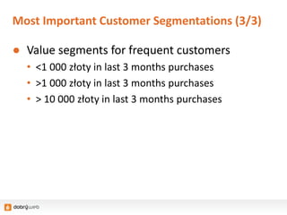 Most Important Customer Segmentations (3/3)
● Value segments for frequent customers
• <1 000 złoty in last 3 months purchases
• >1 000 złoty in last 3 months purchases
• > 10 000 złoty in last 3 months purchases
 
