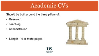 Should be built around the three pillars of:
• Research
• Teaching
• Administration
• Length – 4 or more pages
Academic CVs
 