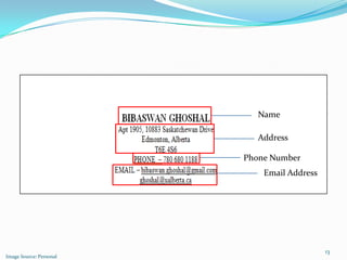 Name

                            Address

                         Phone Number
                             Email Address




                                             13
Image Source: Personal
 