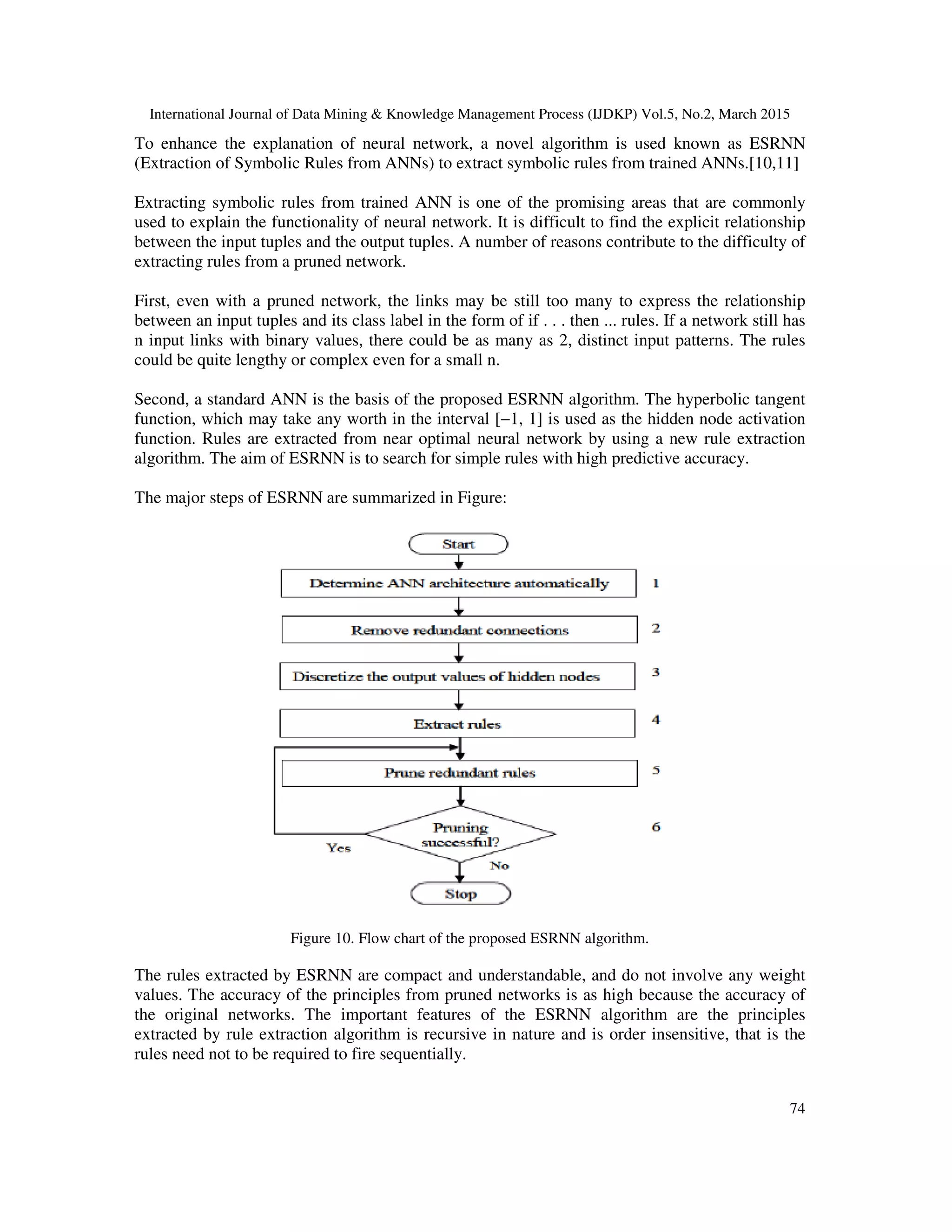 International Journal of Data Mining & Knowledge Management Process (IJDKP) Vol.5, No.2, March 2015
74
To enhance the explanation of neural network, a novel algorithm is used known as ESRNN
(Extraction of Symbolic Rules from ANNs) to extract symbolic rules from trained ANNs.[10,11]
Extracting symbolic rules from trained ANN is one of the promising areas that are commonly
used to explain the functionality of neural network. It is difficult to find the explicit relationship
between the input tuples and the output tuples. A number of reasons contribute to the difficulty of
extracting rules from a pruned network.
First, even with a pruned network, the links may be still too many to express the relationship
between an input tuples and its class label in the form of if . . . then ... rules. If a network still has
n input links with binary values, there could be as many as 2, distinct input patterns. The rules
could be quite lengthy or complex even for a small n.
Second, a standard ANN is the basis of the proposed ESRNN algorithm. The hyperbolic tangent
function, which may take any worth in the interval [−1, 1] is used as the hidden node activation
function. Rules are extracted from near optimal neural network by using a new rule extraction
algorithm. The aim of ESRNN is to search for simple rules with high predictive accuracy.
The major steps of ESRNN are summarized in Figure:
Figure 10. Flow chart of the proposed ESRNN algorithm.
The rules extracted by ESRNN are compact and understandable, and do not involve any weight
values. The accuracy of the principles from pruned networks is as high because the accuracy of
the original networks. The important features of the ESRNN algorithm are the principles
extracted by rule extraction algorithm is recursive in nature and is order insensitive, that is the
rules need not to be required to fire sequentially.
 