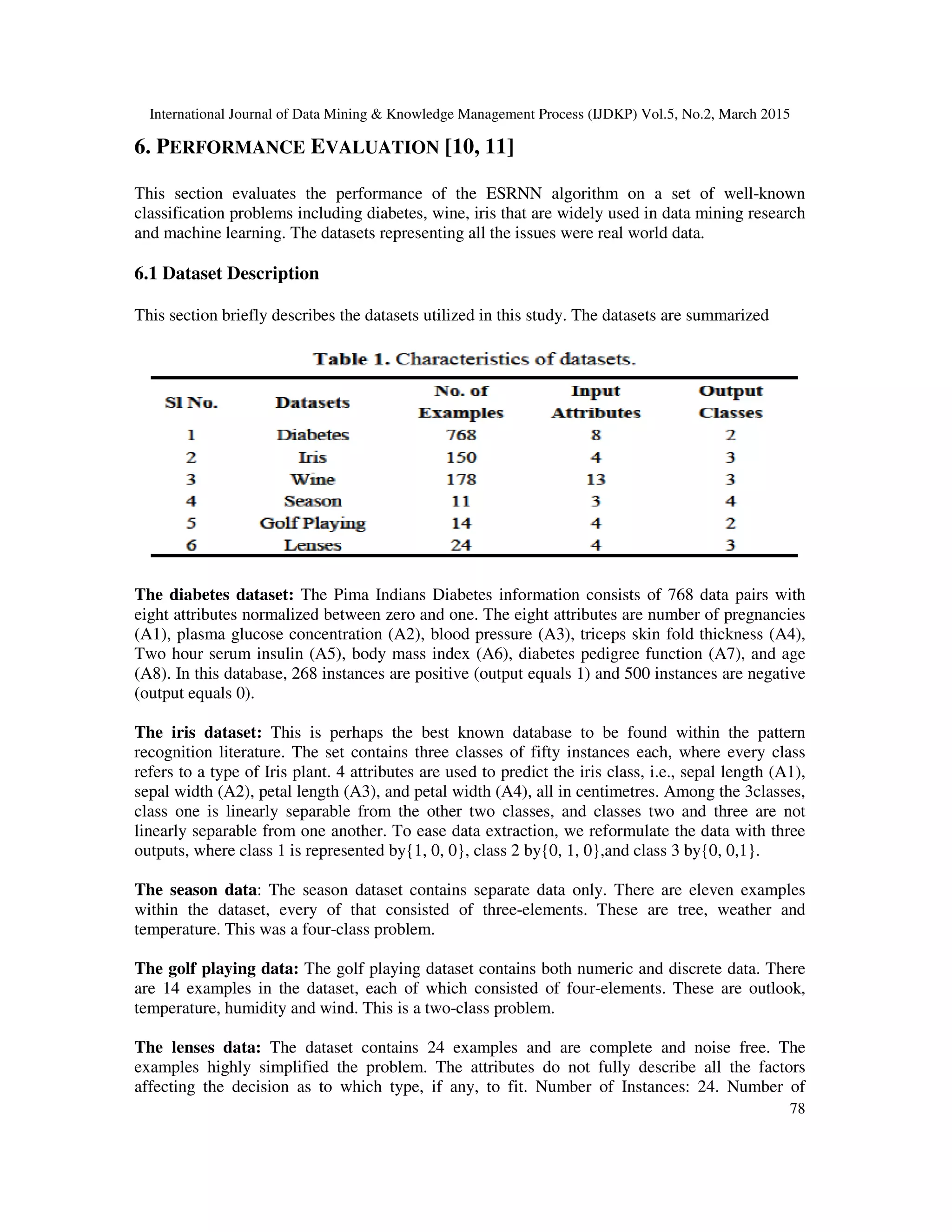 International Journal of Data Mining & Knowledge Management Process (IJDKP) Vol.5, No.2, March 2015
78
6. PERFORMANCE EVALUATION [10, 11]
This section evaluates the performance of the ESRNN algorithm on a set of well-known
classification problems including diabetes, wine, iris that are widely used in data mining research
and machine learning. The datasets representing all the issues were real world data.
6.1 Dataset Description
This section briefly describes the datasets utilized in this study. The datasets are summarized
The diabetes dataset: The Pima Indians Diabetes information consists of 768 data pairs with
eight attributes normalized between zero and one. The eight attributes are number of pregnancies
(A1), plasma glucose concentration (A2), blood pressure (A3), triceps skin fold thickness (A4),
Two hour serum insulin (A5), body mass index (A6), diabetes pedigree function (A7), and age
(A8). In this database, 268 instances are positive (output equals 1) and 500 instances are negative
(output equals 0).
The iris dataset: This is perhaps the best known database to be found within the pattern
recognition literature. The set contains three classes of fifty instances each, where every class
refers to a type of Iris plant. 4 attributes are used to predict the iris class, i.e., sepal length (A1),
sepal width (A2), petal length (A3), and petal width (A4), all in centimetres. Among the 3classes,
class one is linearly separable from the other two classes, and classes two and three are not
linearly separable from one another. To ease data extraction, we reformulate the data with three
outputs, where class 1 is represented by{1, 0, 0}, class 2 by{0, 1, 0},and class 3 by{0, 0,1}.
The season data: The season dataset contains separate data only. There are eleven examples
within the dataset, every of that consisted of three-elements. These are tree, weather and
temperature. This was a four-class problem.
The golf playing data: The golf playing dataset contains both numeric and discrete data. There
are 14 examples in the dataset, each of which consisted of four-elements. These are outlook,
temperature, humidity and wind. This is a two-class problem.
The lenses data: The dataset contains 24 examples and are complete and noise free. The
examples highly simplified the problem. The attributes do not fully describe all the factors
affecting the decision as to which type, if any, to fit. Number of Instances: 24. Number of
 