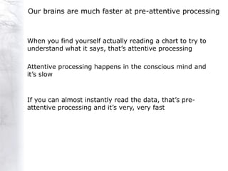 Our brains are much faster at pre-attentive processing



When you find yourself actually reading a chart to try to
understand what it says, that‟s attentive processing

Attentive processing happens in the conscious mind and
it‟s slow



If you can almost instantly read the data, that‟s pre-
attentive processing and it‟s very, very fast
 