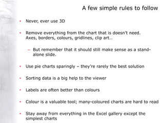 A few simple rules to follow

•   Never, ever use 3D

•   Remove everything from the chart that is doesn‟t need.
    Axes, borders, colours, gridlines, clip art…

     – But remember that it should still make sense as a stand-
       alone slide.

•   Use pie charts sparingly – they‟re rarely the best solution

•   Sorting data is a big help to the viewer

•   Labels are often better than colours

•   Colour is a valuable tool; many-coloured charts are hard to read

•   Stay away from everything in the Excel gallery except the
    simplest charts
 