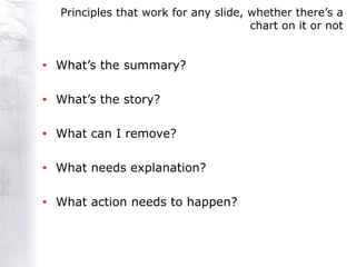 Principles that work for any slide, whether there‟s a
                                      chart on it or not


• What‟s the summary?

• What‟s the story?

• What can I remove?

• What needs explanation?

• What action needs to happen?
 