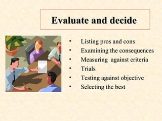 Listing pros and cons Examining the consequences Measuring  against criteria Trials Testing against objective Selecting the best  Evaluate and decide   