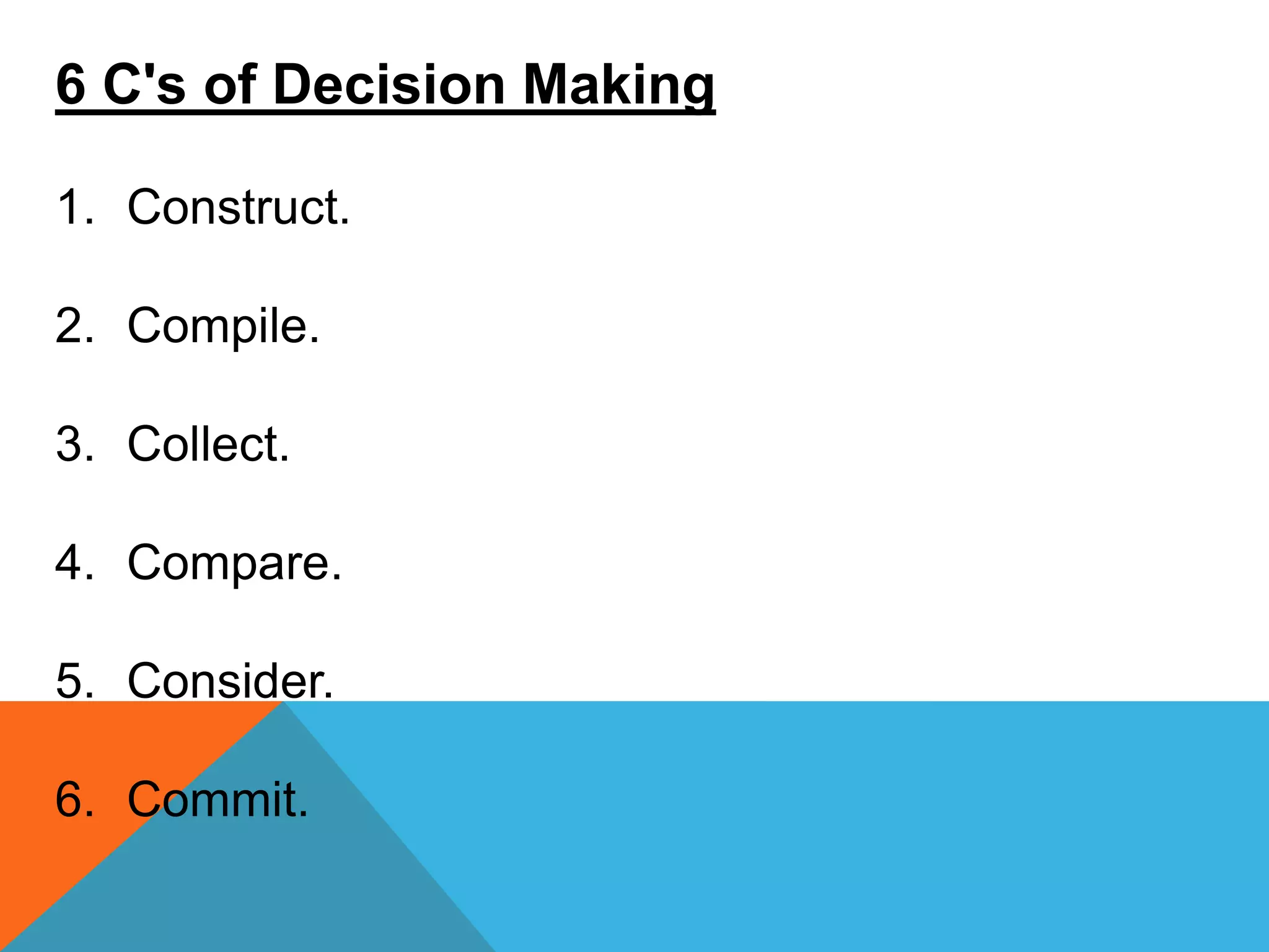 6 C's of Decision Making
1. Construct.
2. Compile.
3. Collect.
4. Compare.
5. Consider.
6. Commit.
 