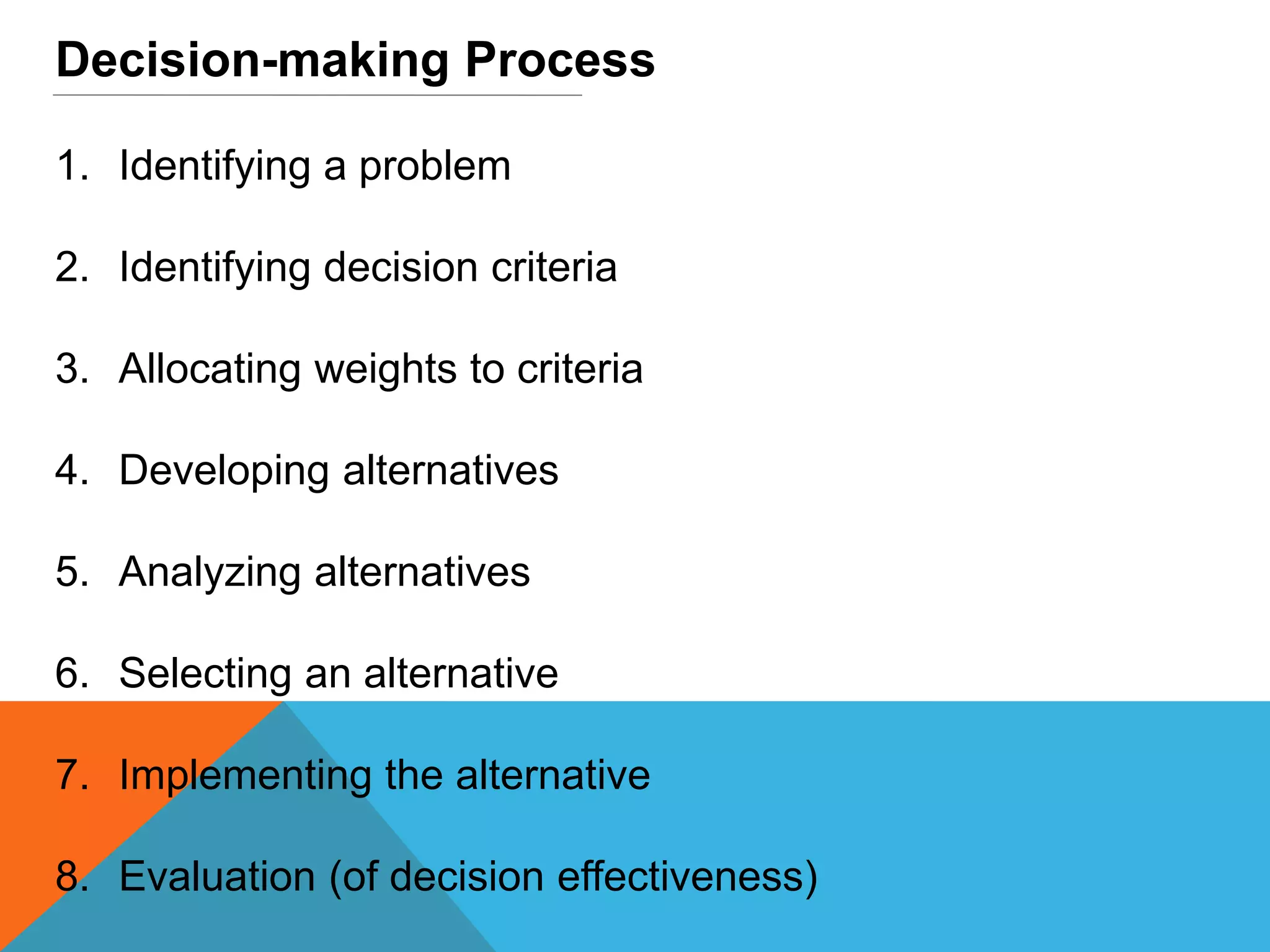 Decision-making Process
1. Identifying a problem
2. Identifying decision criteria
3. Allocating weights to criteria
4. Developing alternatives
5. Analyzing alternatives
6. Selecting an alternative
7. Implementing the alternative
8. Evaluation (of decision effectiveness)
 