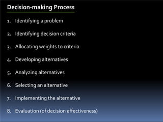 Decision-making Process
1. Identifying a problem
2. Identifying decision criteria
3. Allocating weights to criteria
4. Developing alternatives
5. Analyzing alternatives
6. Selecting an alternative
7. Implementing the alternative
8. Evaluation (of decision effectiveness)
 