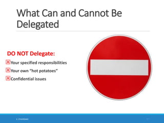 What Can and Cannot Be
Delegated
DO NOT Delegate:
Your specified responsibilities
Your own “hot potatoes”
Confidential ...