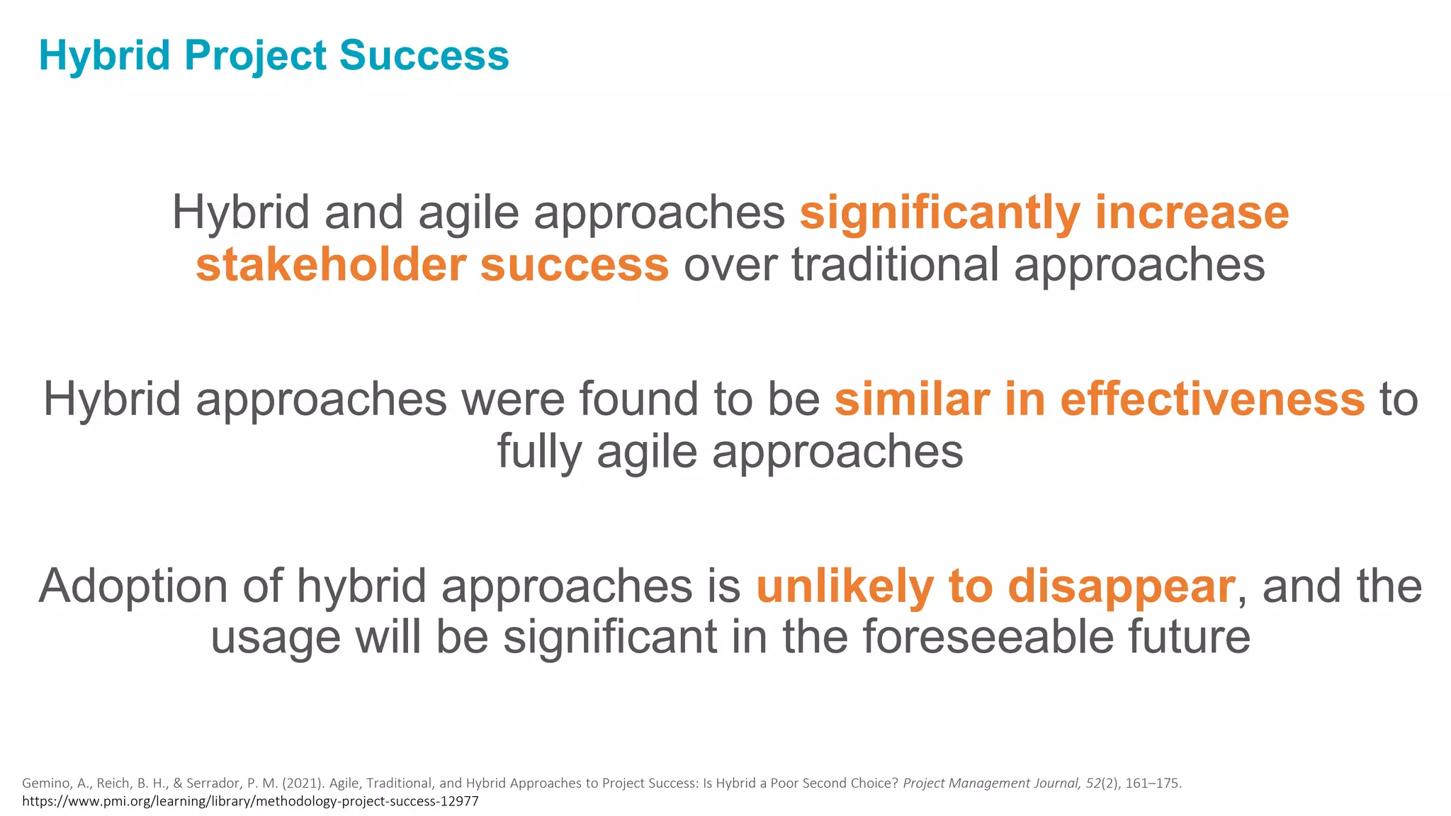 Hybrid Project Success
Hybrid and agile approaches significantly increase
stakeholder success over traditional approaches
Hybrid approaches were found to be similar in effectiveness to
fully agile approaches
Adoption of hybrid approaches is unlikely to disappear, and the
usage will be significant in the foreseeable future
Gemino, A., Reich, B. H., & Serrador, P. M. (2021). Agile, Traditional, and Hybrid Approaches to Project Success: Is Hybrid a Poor Second Choice? Project Management Journal, 52(2), 161–175.
https://www.pmi.org/learning/library/methodology-project-success-12977
 