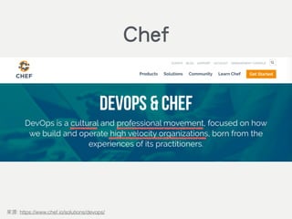 DevOps is…
A cultural and professional movement, focused on how we
build and operate high velocity organisations, born from the
experiences of its practitioners.
: https://www.chef.io/solutions/devops/
Chef
 