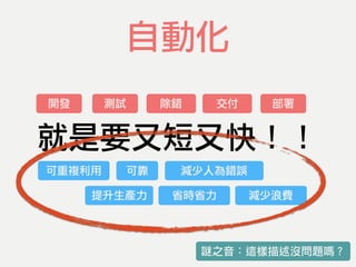 就是要又短又快！！
開發 測試 除錯 交付 部署
可重複利用 可靠 減少人為錯誤
自動化
減少浪費省時省力提升生產力
謎之音：這樣描述沒問題嗎？
 