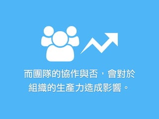 而團隊的協作與否，會對於 
組織的生產力造成影響。
 